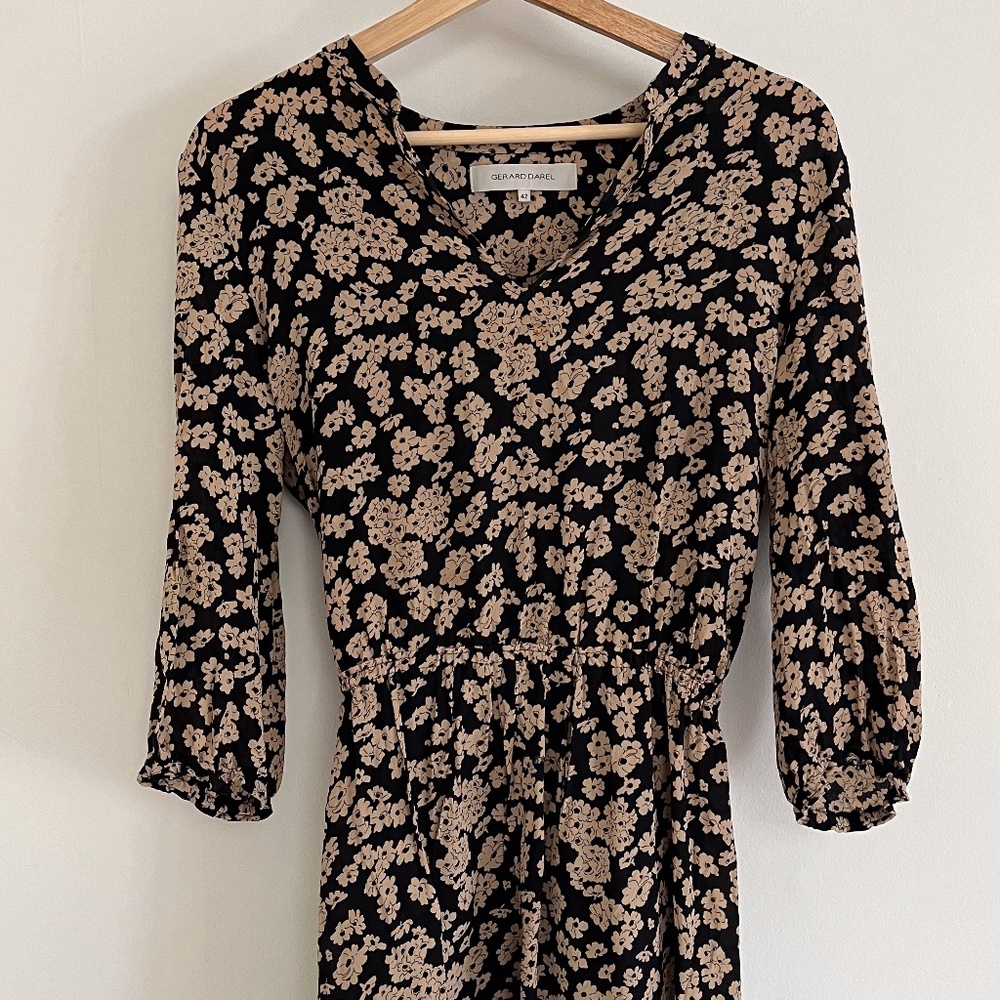 Gerard Darel Black & Tan Flowered Printed Silk Dress_Size 42